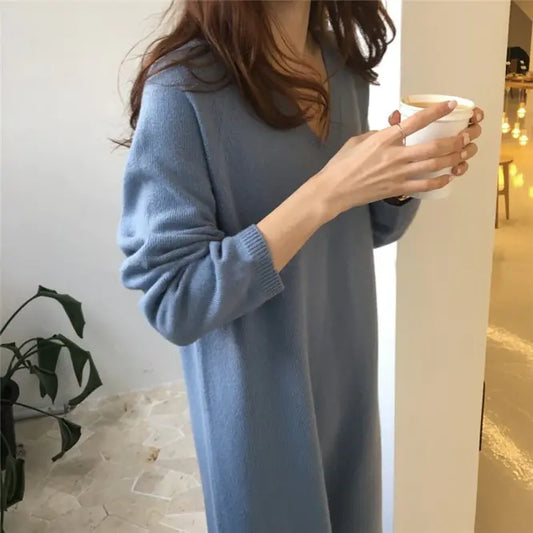 V-Neck Cashmere Knit Dress for Women, Autumn Winter